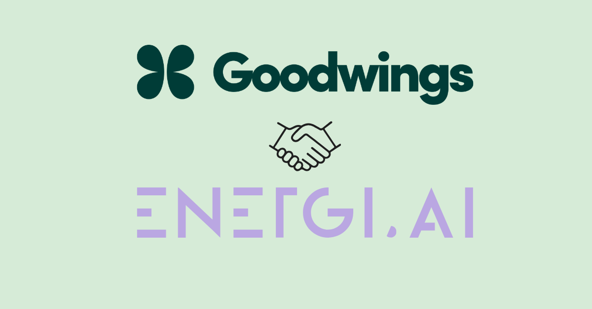 Energi.AI and Goodwings partnership illustration featuring a handshake to symbolize automated travel emissions carbon accounting solutions.