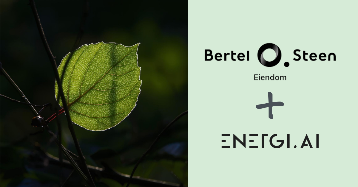 Energi.AI and Bertel O. Steen Eiendom partnership logos with a green leaf to symbolize automated real estate carbon accounting and sustainable growth.